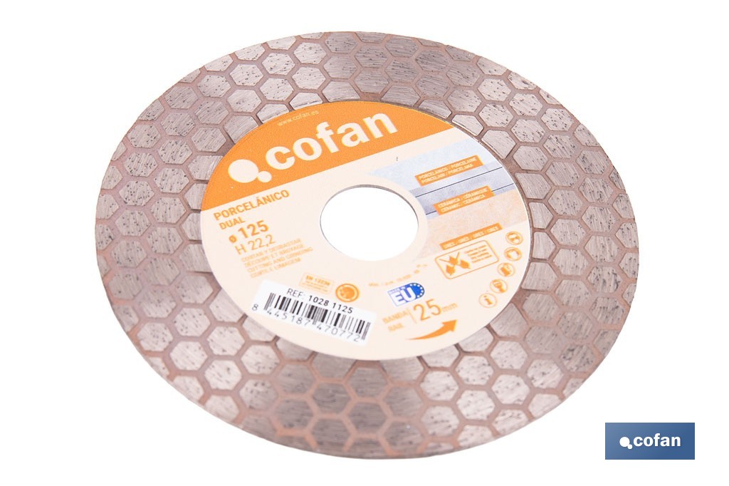 Disco porcelánico para corte, lijado y desbaste | Corte en seco de cerámica, porcelánico y gres | Disponible en diferentes medidas - Cofan
