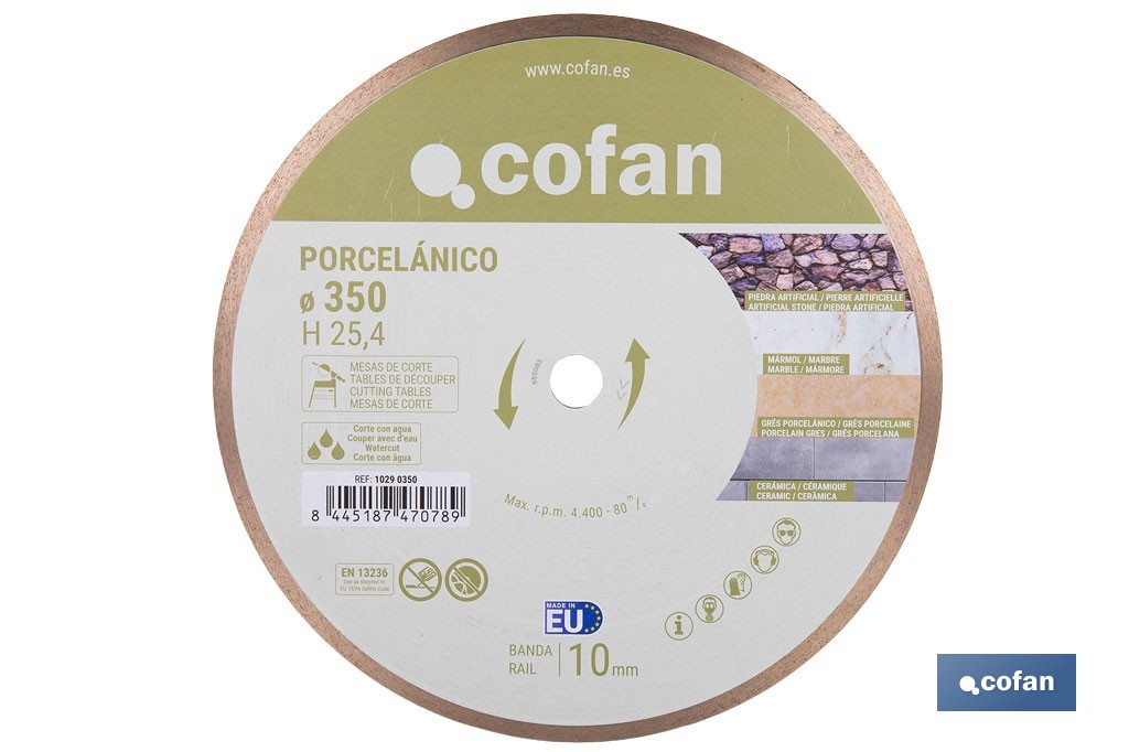 Disco porcelánico para máquinas de mesa Ø350 mm | Corte húmedo en cerámica, gres porcelánico y mármol - Cofan