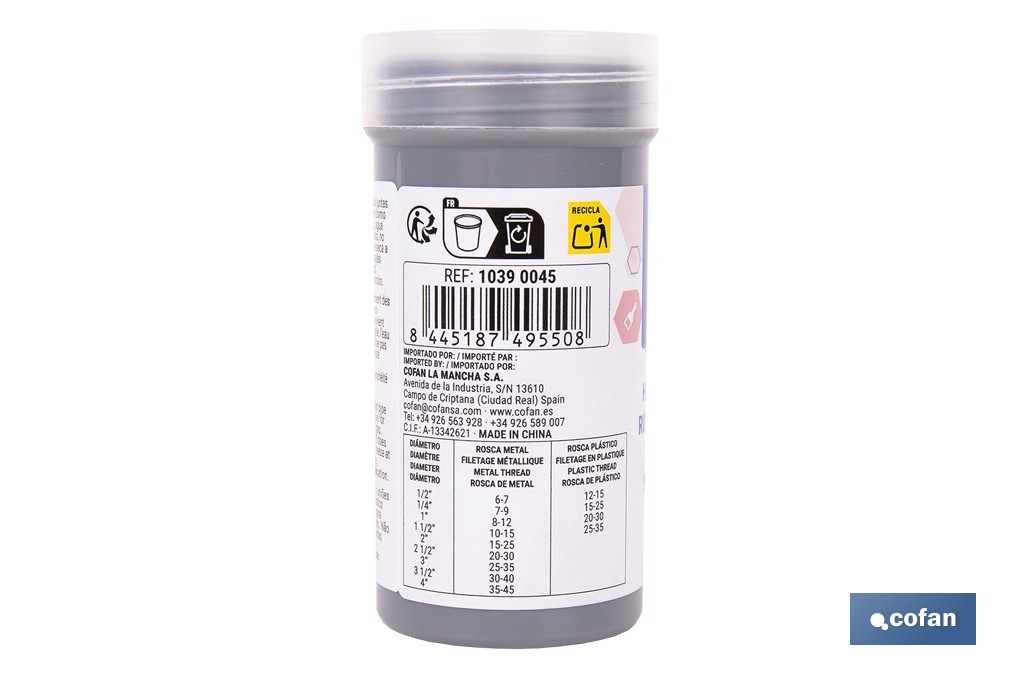 Hilo sellador de PTFE | Adecuado para roscas plásticas y metálicas de agua y gas | Bote con cortador | Longitud de 160 m - Cofan