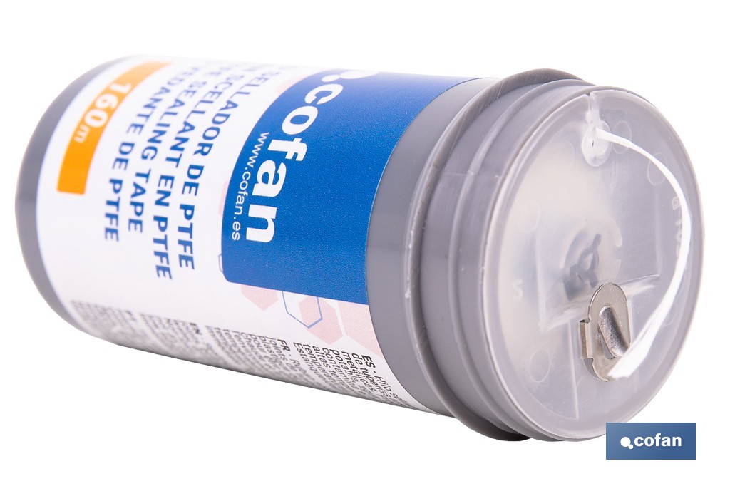 Hilo sellador de PTFE | Adecuado para roscas plásticas y metálicas de agua y gas | Bote con cortador | Longitud de 160 m - Cofan