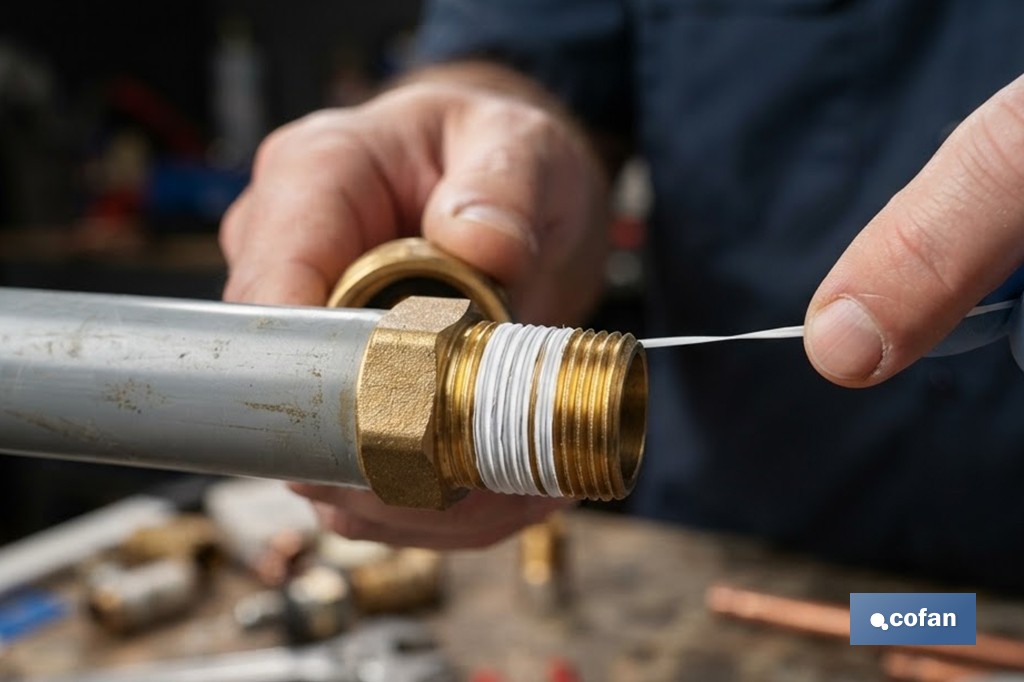 Hilo sellador de PTFE | Adecuado para roscas plásticas y metálicas de agua y gas | Bote con cortador | Longitud de 160 m - Cofan