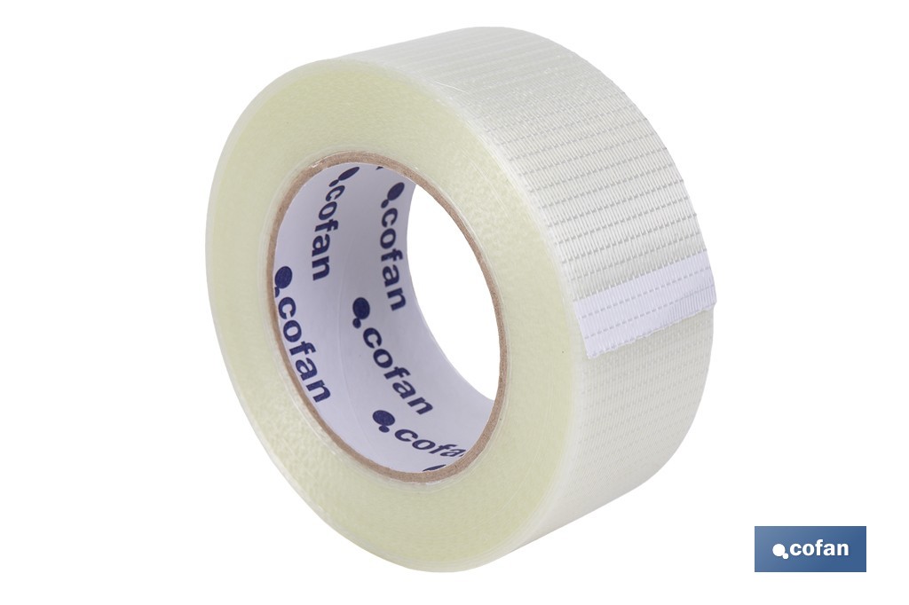 Cinta adhesiva de fibra de vidrio bidireccional transparente | Medida: 50 m x 48 mm para embalaje industrial - Cofan