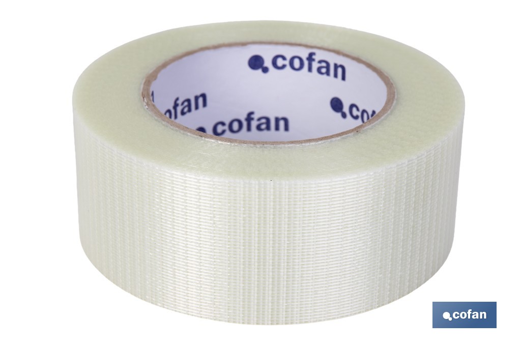 Cinta adhesiva de fibra de vidrio bidireccional transparente | Medida: 50 m x 48 mm para embalaje industrial - Cofan