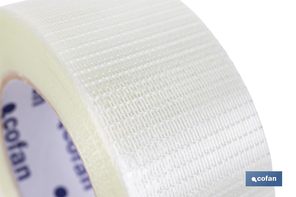 Cinta adhesiva de fibra de vidrio bidireccional transparente | Medida: 50 m x 48 mm para embalaje industrial - Cofan