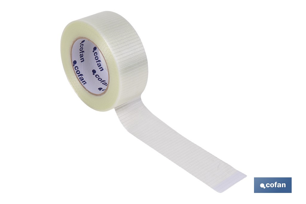 Cinta adhesiva de fibra de vidrio bidireccional transparente | Medida: 50 m x 48 mm para embalaje industrial - Cofan