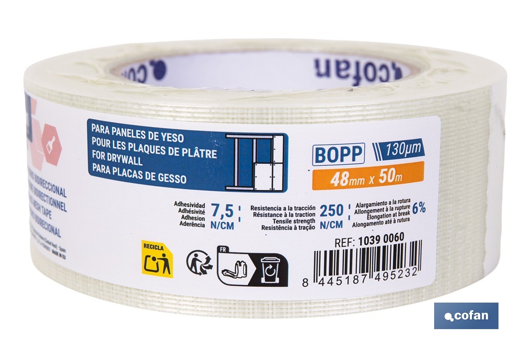 Cinta adhesiva de fibra de vidrio bidireccional transparente | Medida: 50 m x 48 mm para embalaje industrial - Cofan