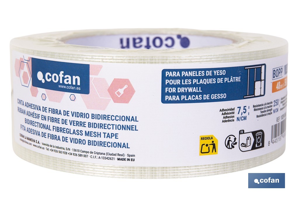 Cinta adhesiva de fibra de vidrio bidireccional transparente | Medida: 50 m x 48 mm para embalaje industrial - Cofan