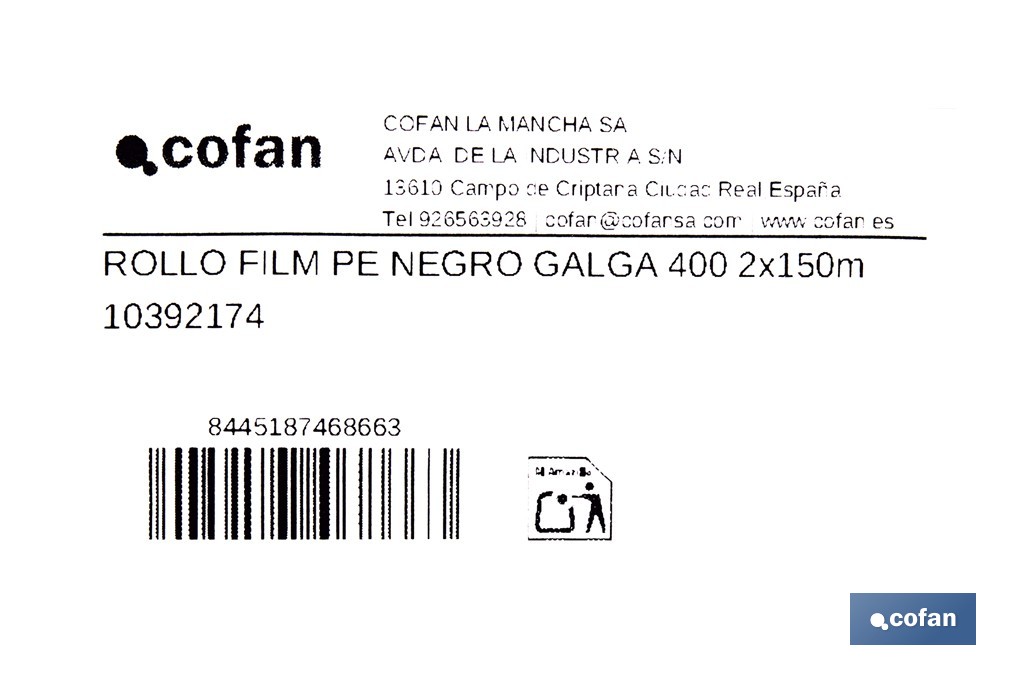 Rollo de film negro | Material: polietileno | Galga 400 | Grosor: 100 micras | Protección de embalajes | Disponible en diferentes medidas - Cofan