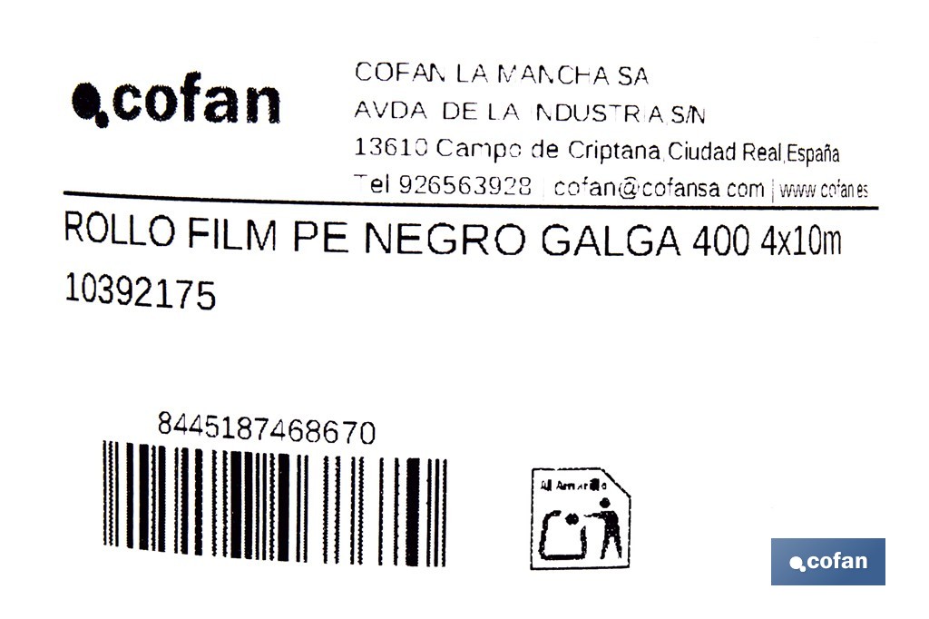 Rollo de film negro | Material: polietileno | Galga 400 | Grosor: 100 micras | Protección de embalajes | Disponible en diferentes medidas - Cofan