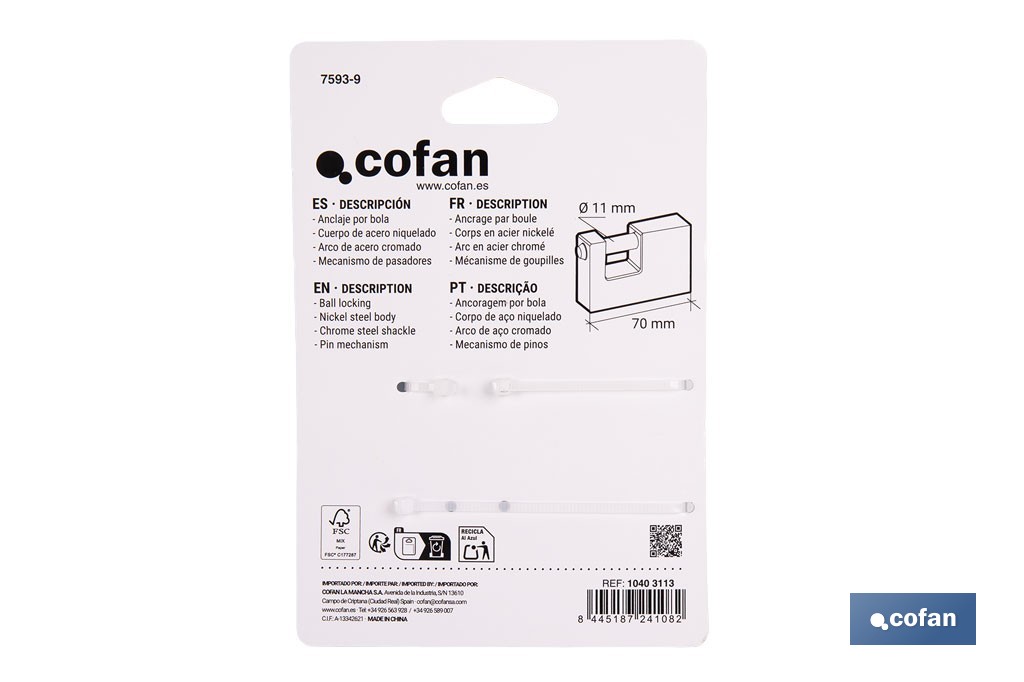 Candado antipalanca Quality Plus de acero macizo cromado | Sistema de seguridad con pasadores | Incluye 3 llaves | Disponible en varias medidas - Cofan
