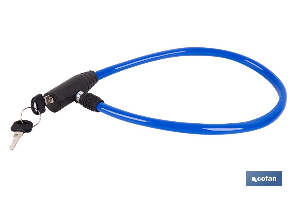 Candado antirrobo para bicicletas | Cable de acero de Ø5 mm | Longitud: 50 cm | Incluye 2 llaves | Revestimiento de PVC azul - Cofan