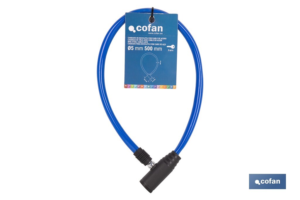 Candado antirrobo para bicicletas | Cable de acero de Ø5 mm | Longitud: 50 cm | Incluye 2 llaves | Revestimiento de PVC azul - Cofan