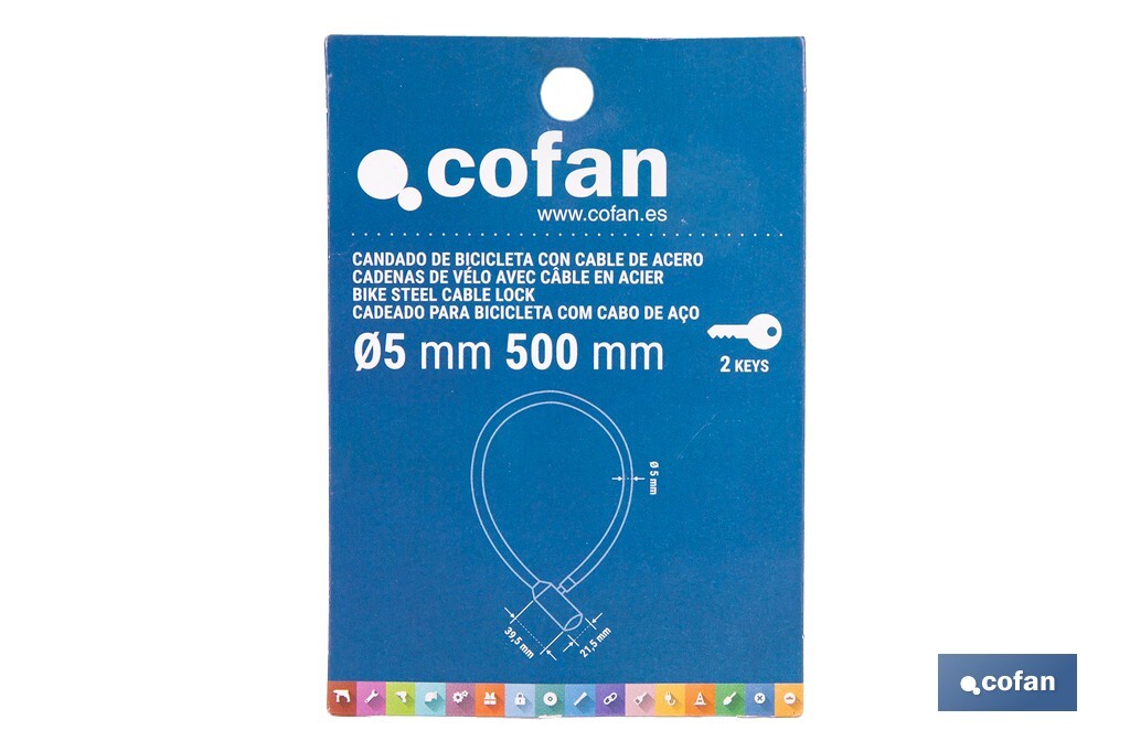 Candado antirrobo para bicicletas | Cable de acero de Ø5 mm | Longitud: 50 cm | Incluye 2 llaves | Revestimiento de PVC azul - Cofan