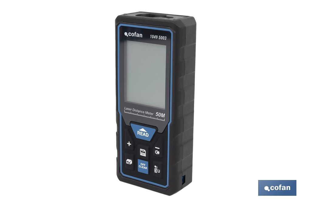 Laser distance meter with 6 functions | Capable of measuring different distances: 50 and 100m | 2 AAA batteries included - Cofan