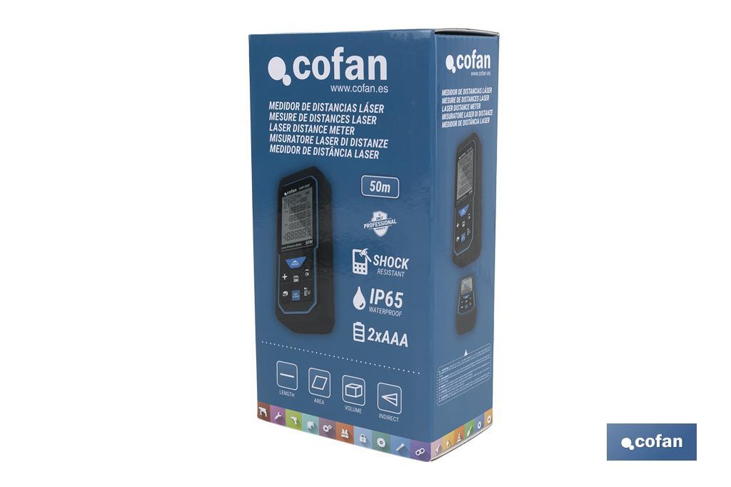 Laser distance meter with 6 functions | Capable of measuring different distances: 50 and 100m | 2 AAA batteries included - Cofan