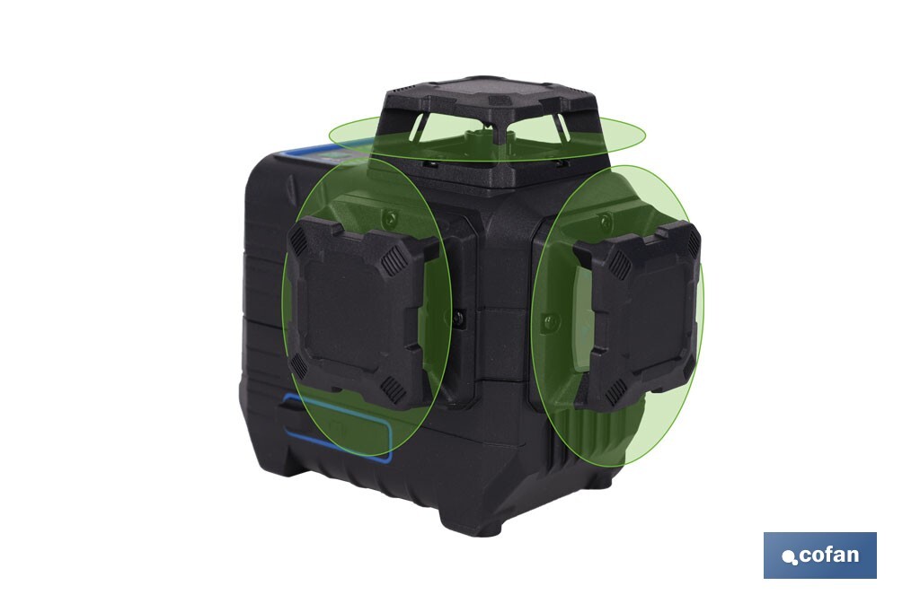 Nivel láser autonivelante de líneas cruzadas 3 x 360° | Modo automático y manual | Alta precisión | Incluye base magnética y maletín - Cofan