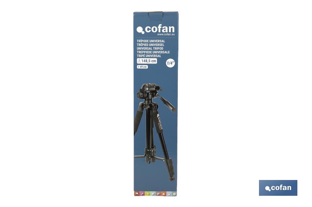 Universal telescopic tripod | 3 extensible legs | Adjustable height from 49cm to 149cm | Material: ABS + aluminium | Carrying bag included - Cofan