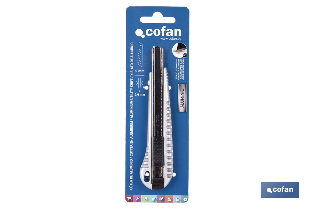 Cúter profesional de aluminio | Hoja negra SK2 | Sistema de bloqueo automático | Zona antideslizante | Disponible en 2 medidas - Cofan