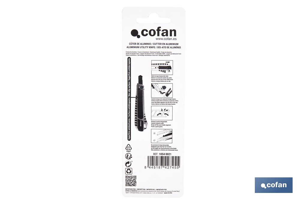 Cúter profesional de aluminio | Hoja negra SK2 | Sistema de bloqueo automático | Zona antideslizante | Disponible en 2 medidas - Cofan
