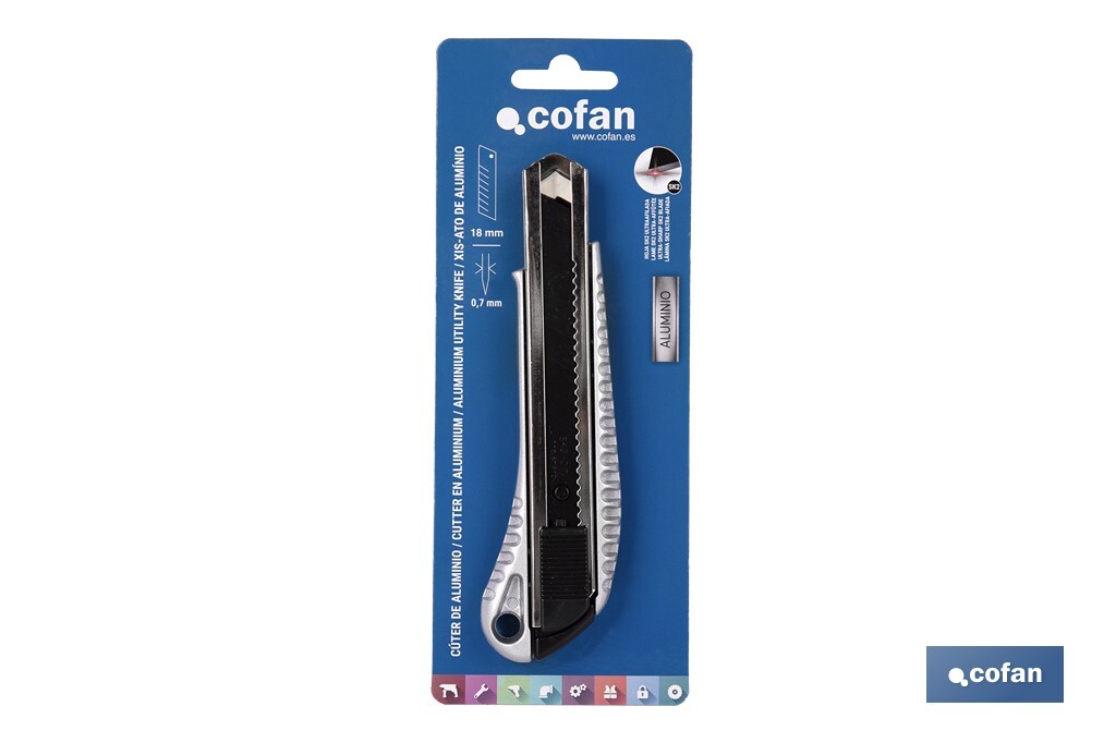 Cúter profesional de aluminio | Hoja negra SK2 | Sistema de bloqueo automático | Zona antideslizante | Disponible en 2 medidas - Cofan