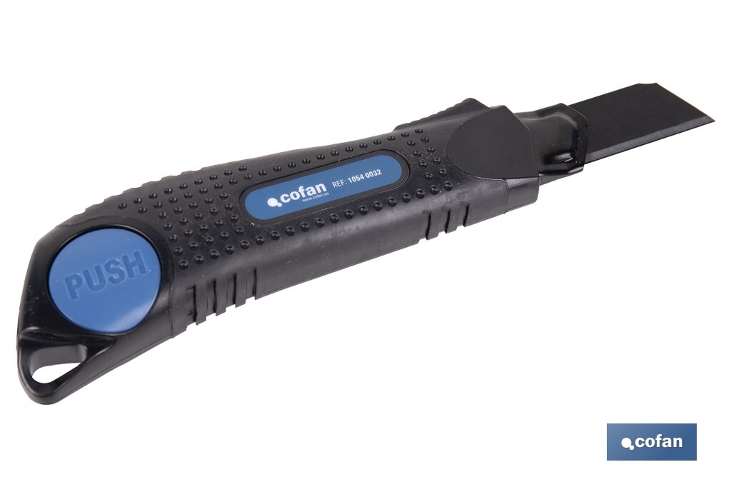 Cúter profesional de ABS | Con recubrimiento antideslizante TPR | Hoja negra ultra afilada SK2 | Bloqueo automático | Disponible en 3 medidas - Cofan
