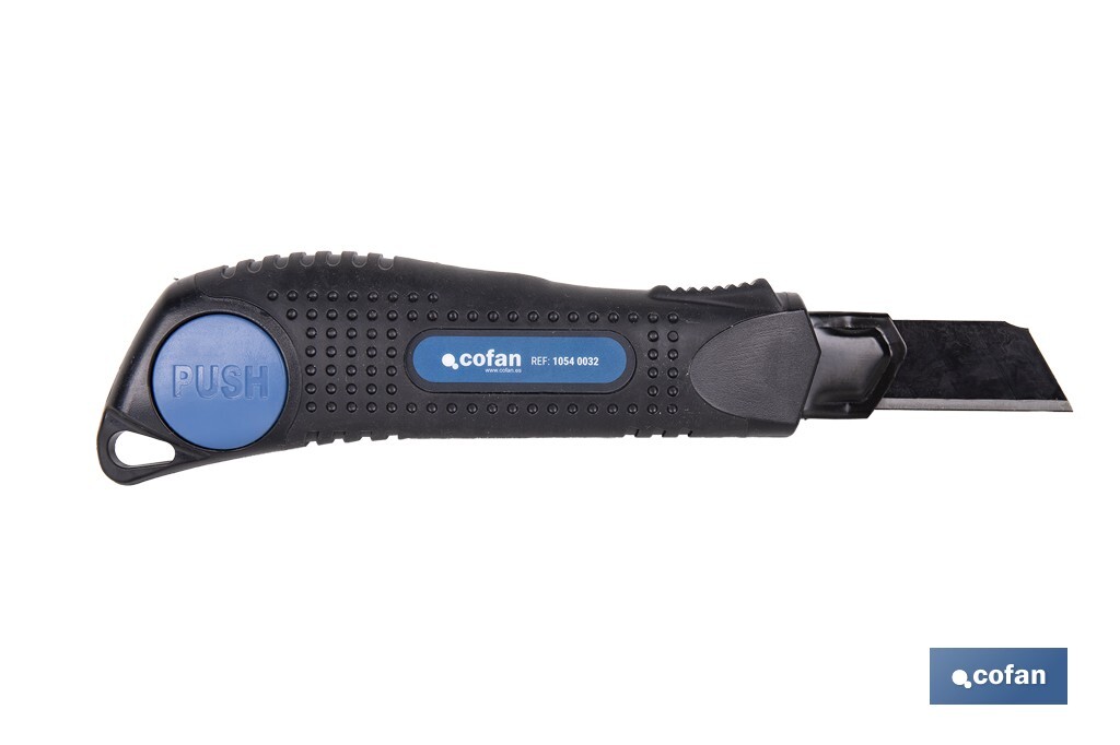 Cúter profesional de ABS | Con recubrimiento antideslizante TPR | Hoja negra ultra afilada SK2 | Bloqueo automático | Disponible en 3 medidas - Cofan