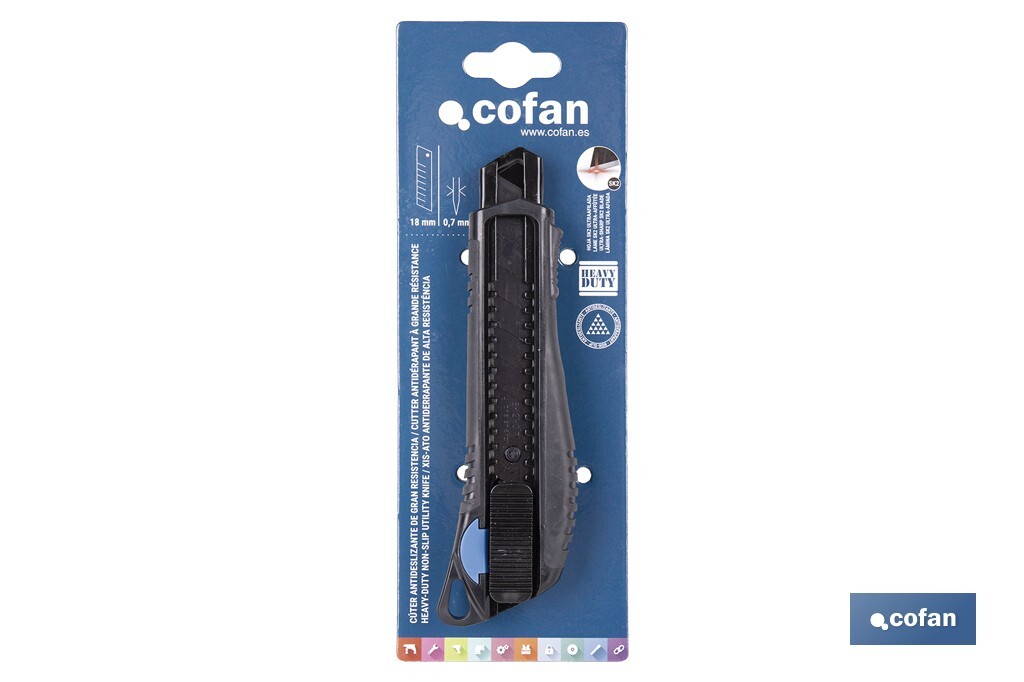 Cúter profesional de ABS | Con recubrimiento antideslizante TPR | Hoja negra ultra afilada SK2 | Bloqueo automático | Disponible en 3 medidas - Cofan