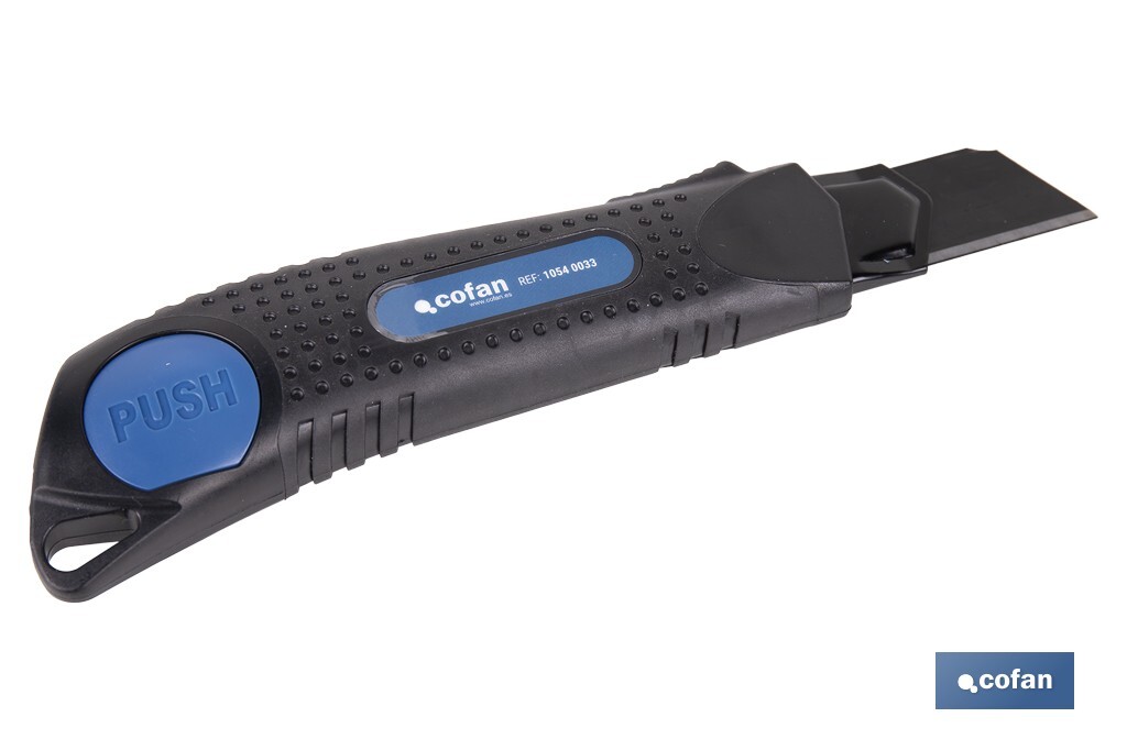 Cúter profesional de ABS | Con recubrimiento antideslizante TPR | Hoja negra ultra afilada SK2 | Bloqueo automático | Disponible en 3 medidas - Cofan