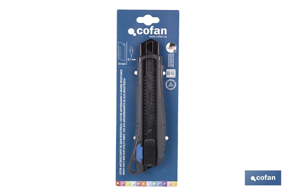 Cúter profesional de ABS | Con recubrimiento antideslizante TPR | Hoja negra ultra afilada SK2 | Bloqueo automático | Disponible en 3 medidas - Cofan