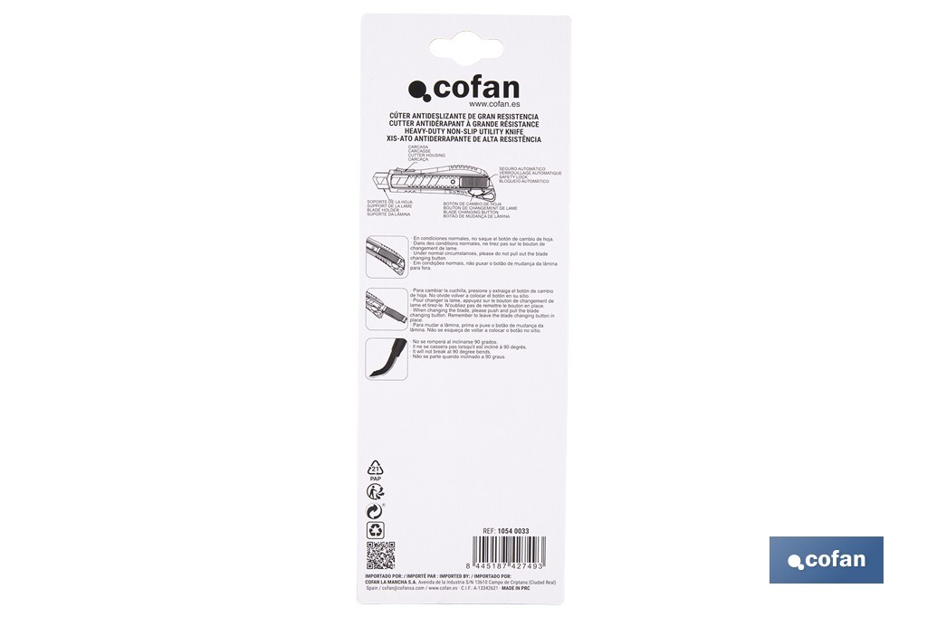 Cúter profesional de ABS | Con recubrimiento antideslizante TPR | Hoja negra ultra afilada SK2 | Bloqueo automático | Disponible en 3 medidas - Cofan