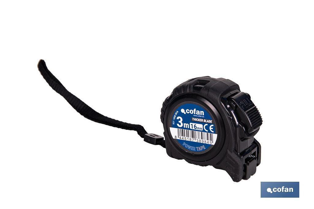 Flexómetro de hoja negra con impresión a doble cara | Carcasa de ABS | Funda antichoque | Botón de bloqueo automático | Disponible con cinta de 3, 5 y 8 metros de longitud - Cofan