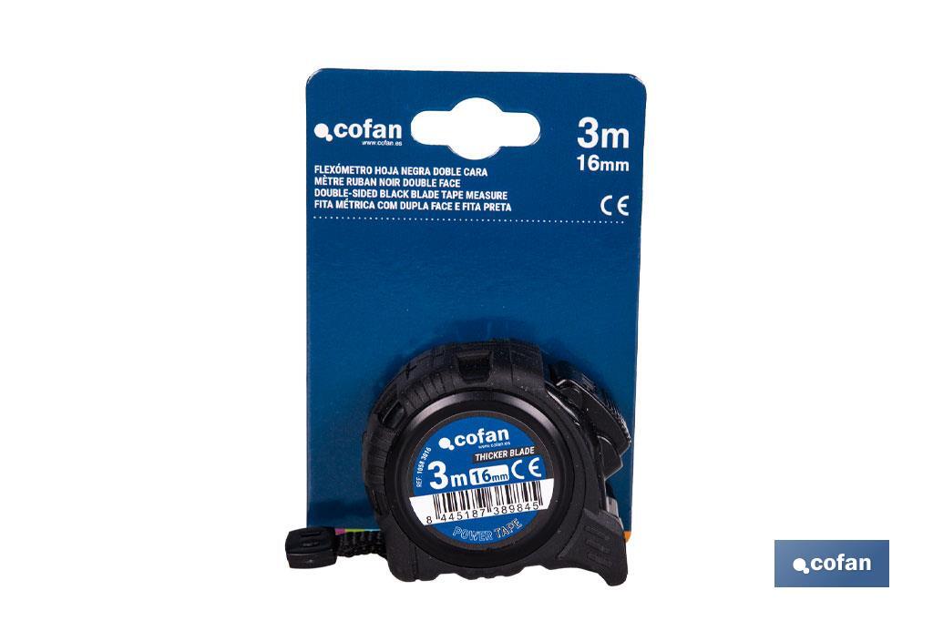 Flexómetro de hoja negra con impresión a doble cara | Carcasa de ABS | Funda antichoque | Botón de bloqueo automático | Disponible con cinta de 3, 5 y 8 metros de longitud - Cofan