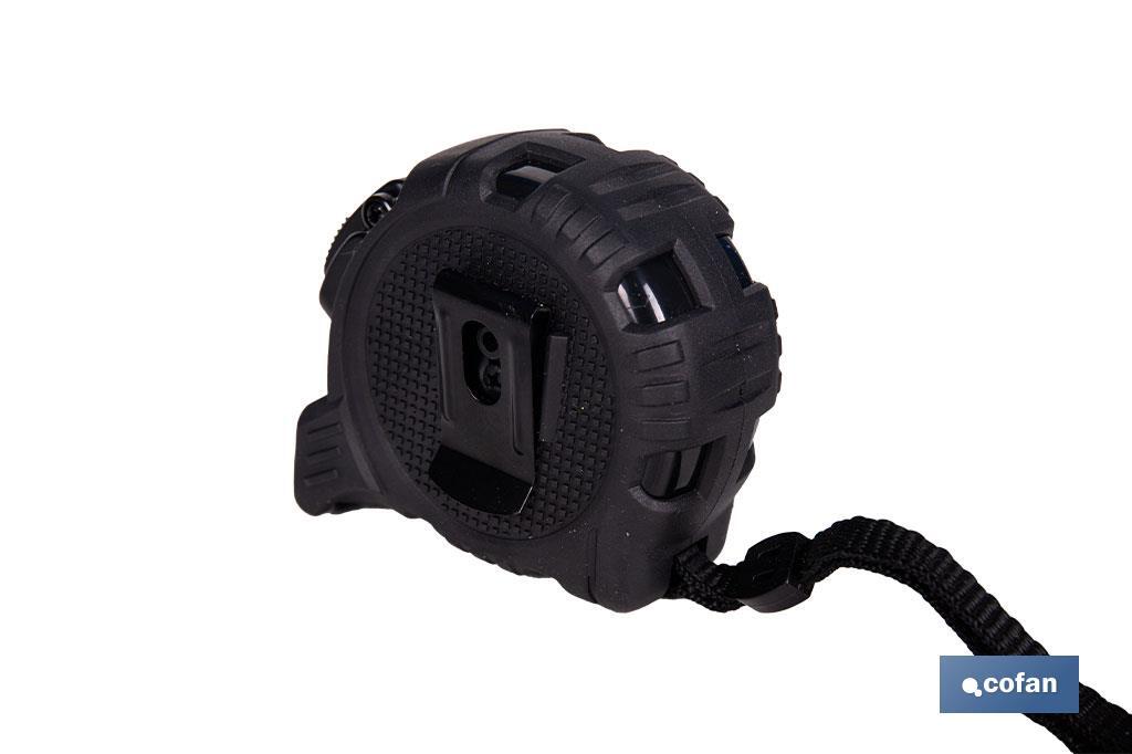 Flexómetro de hoja negra con impresión a doble cara | Carcasa de ABS | Funda antichoque | Botón de bloqueo automático | Disponible con cinta de 3, 5 y 8 metros de longitud - Cofan