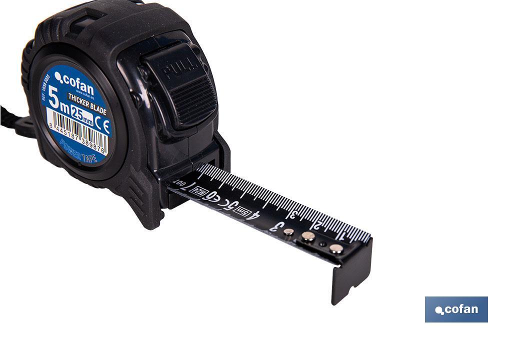 Flexómetro de hoja negra con impresión a doble cara | Carcasa de ABS | Funda antichoque | Botón de bloqueo automático | Disponible con cinta de 3, 5 y 8 metros de longitud - Cofan