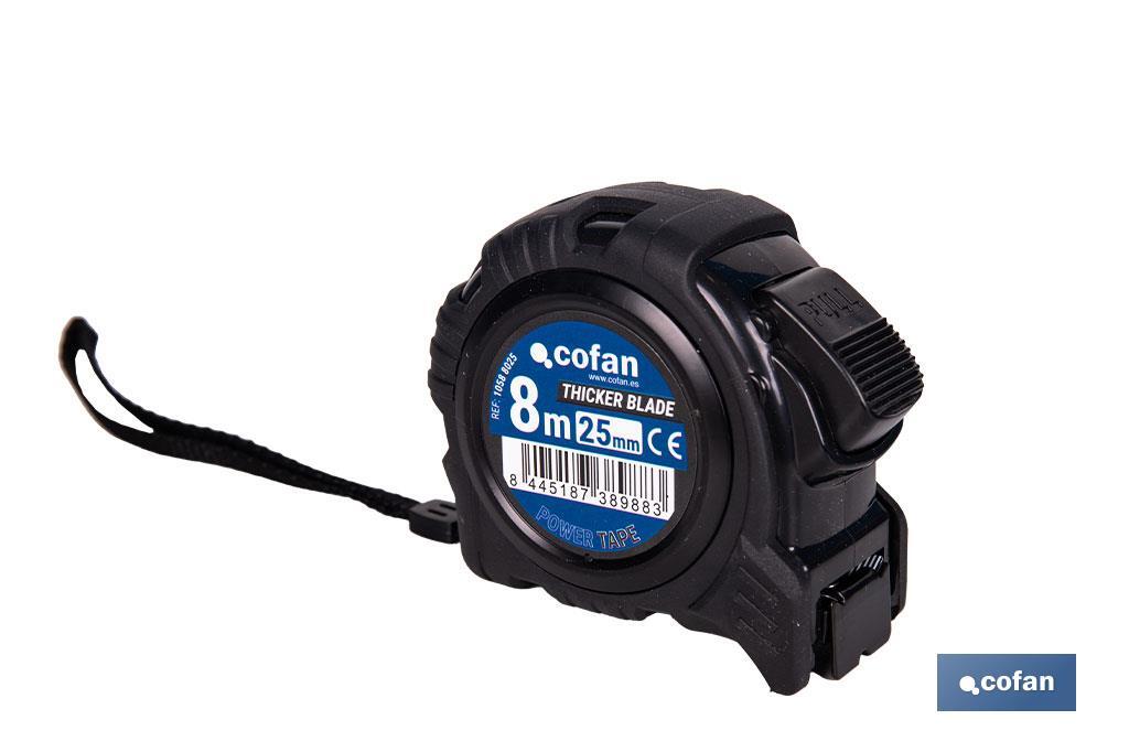 Flexómetro de hoja negra con impresión a doble cara | Carcasa de ABS | Funda antichoque | Botón de bloqueo automático | Disponible con cinta de 3, 5 y 8 metros de longitud - Cofan
