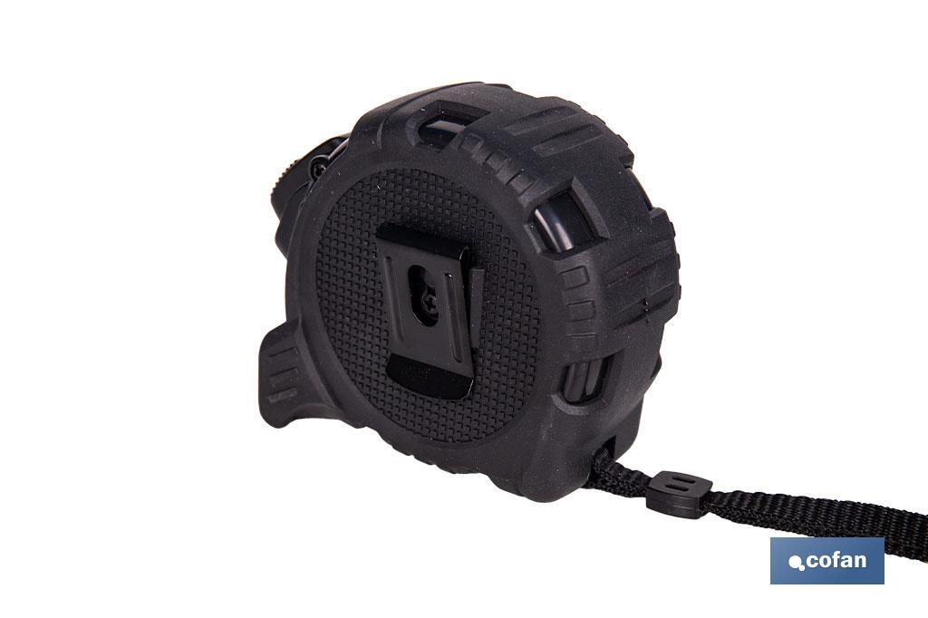 Flexómetro de hoja negra con impresión a doble cara | Carcasa de ABS | Funda antichoque | Botón de bloqueo automático | Disponible con cinta de 3, 5 y 8 metros de longitud - Cofan