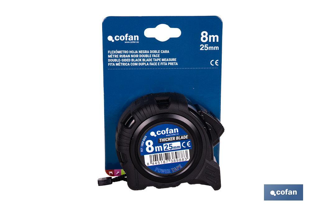 Flexómetro de hoja negra con impresión a doble cara | Carcasa de ABS | Funda antichoque | Botón de bloqueo automático | Disponible con cinta de 3, 5 y 8 metros de longitud - Cofan
