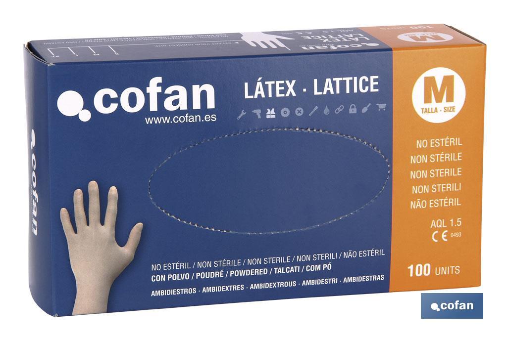 Box dispenser of 100 powdered latex gloves | Elasticated and pliable gloves | Ideal against bacteria | Ambidextrous gloves - Cofan