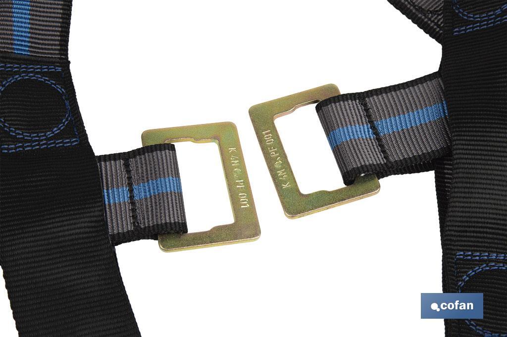 Arnês Anti-queda com 2 pontos de engate Em conformidade com os regulamentos EN 361: 2002. Tamanho universal até 140 kg de peso. - Cofan
