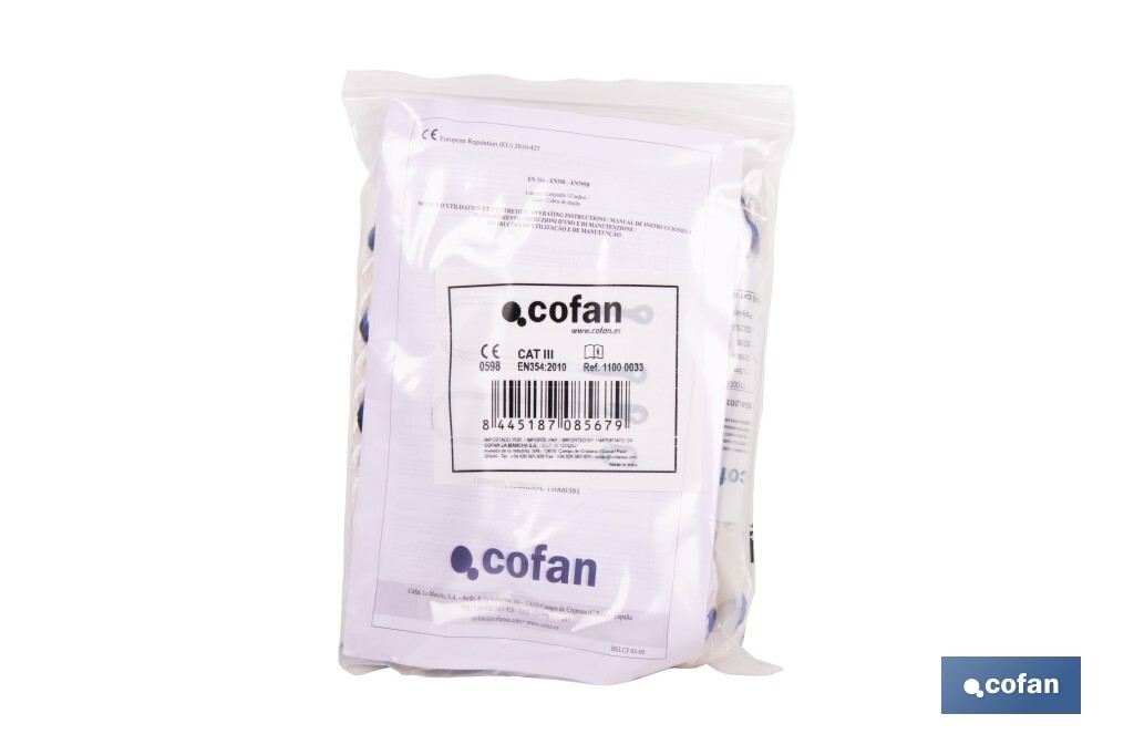 Cuerda de seguridad para Arnés | Medida en 1,5 m | Ø 12 mm | Con Hebillas y Guardacabos - Cofan