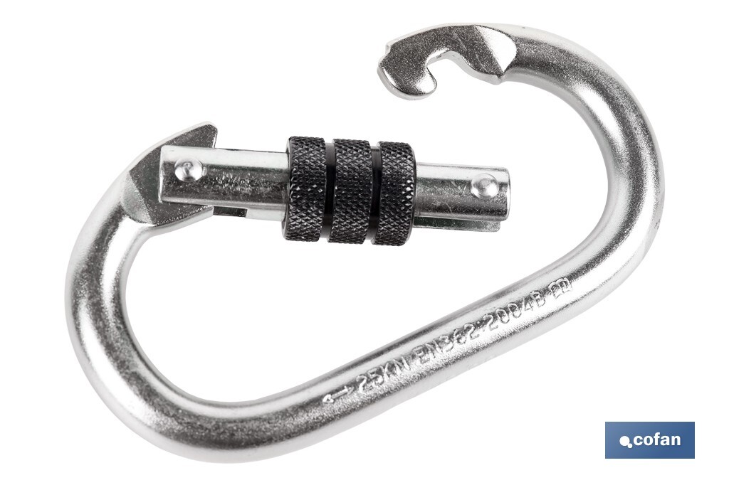 Safety carabiner, Safety buckle, Strength: 25kN, EN 362, Class B, CAT.  III