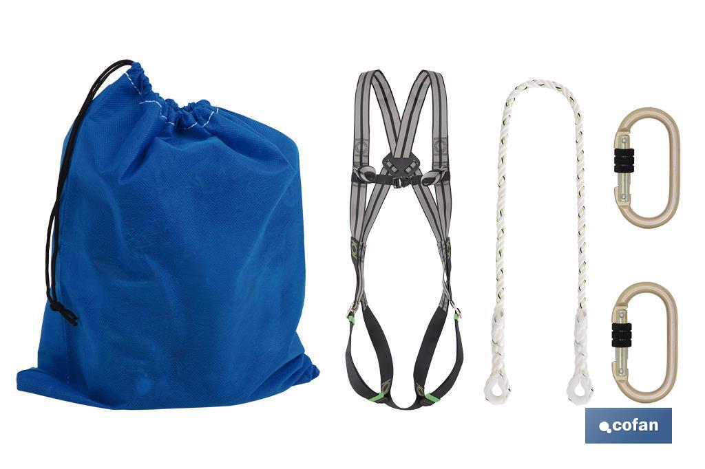 Conjunto arnés completo | 2 puntos anclaje | Cuerda seguridad | 2 mosquetones | EN 361/EN 354/EN 362 - Cofan