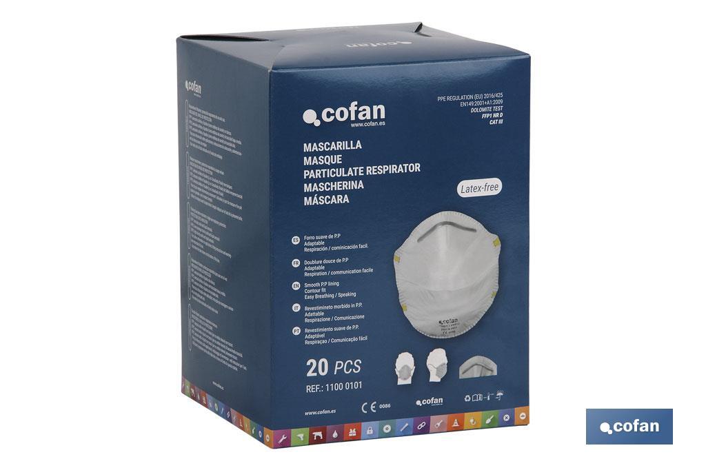 Masque FFP1 (D) | Non réutilisable | Efficacité de filtration supérieure à 90 % | Pack de 20 ou 3 unités - Cofan