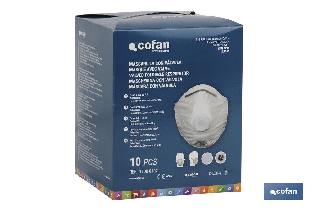 Set de 2 Mascarillas FFP2 (D) | No Reutilizables | Con válvula de Exhalación | Eficiencia de Filtración superior al 94 % - Cofan