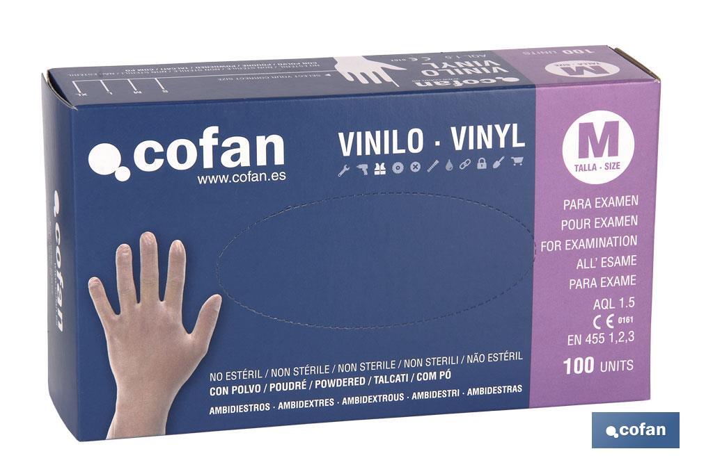 Boîte de 100 unités de gants en vinyle | Poudrés | Ambidextres | Appropriés pour usage alimentaire | Élastiques et résistants - Cofan