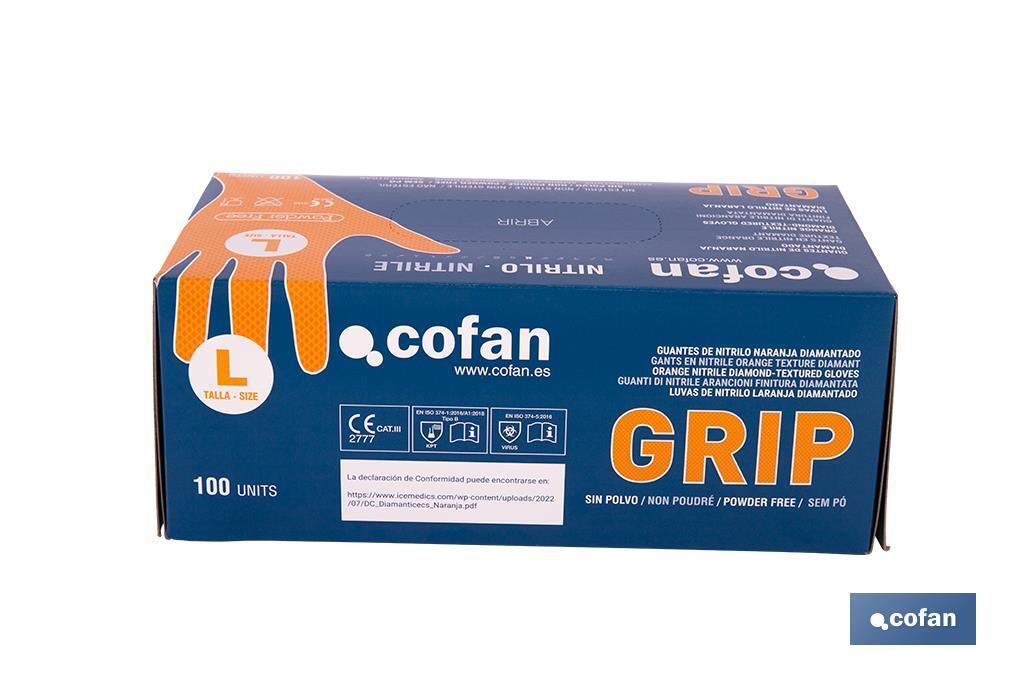 Boîte de 100 gants en nitrile avec texture de diamant | Tailles de la S à la XL | Couleur : Orange - Cofan