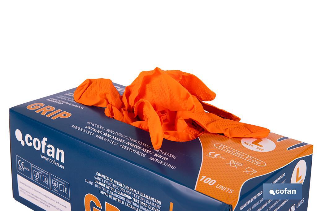 Boîte de 100 gants en nitrile avec texture de diamant | Tailles de la S à la XL | Couleur : Orange - Cofan