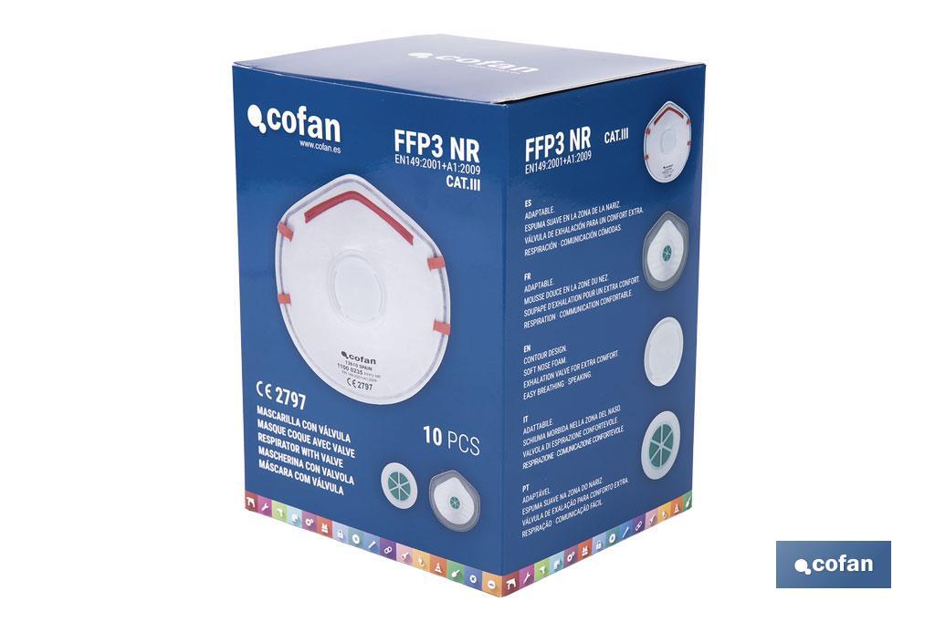 Mascarilla FFP3 NR | Con válvula Extra confort | Protección Auto filtrante | Pack de 10 Unidades - Cofan