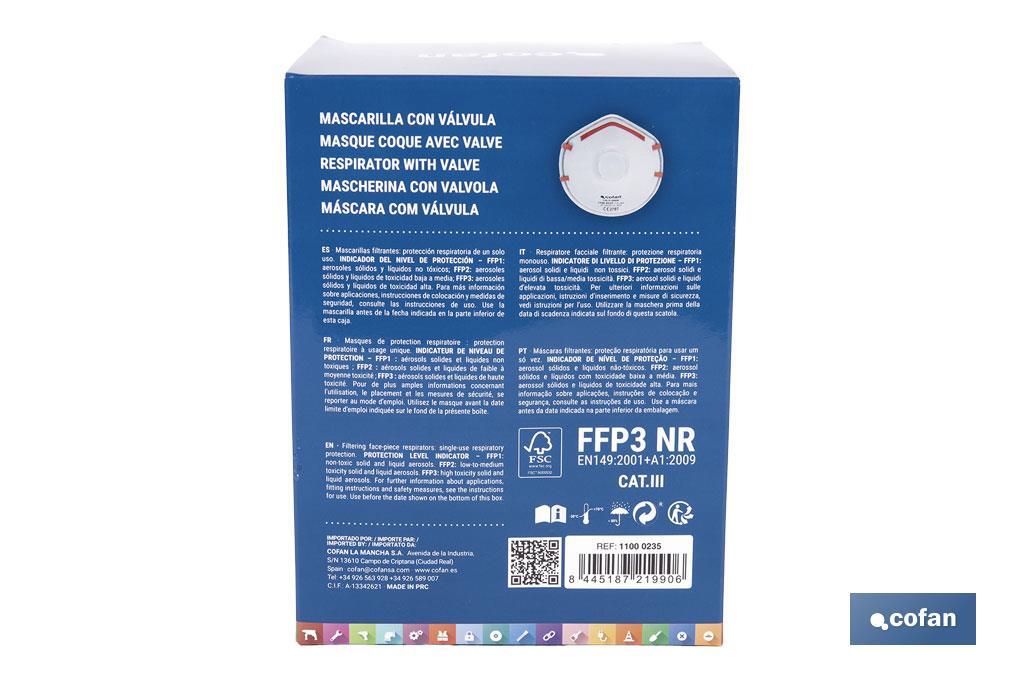 Mascarilla FFP3 NR | Con válvula Extra confort | Protección Auto filtrante | Pack de 10 Unidades - Cofan