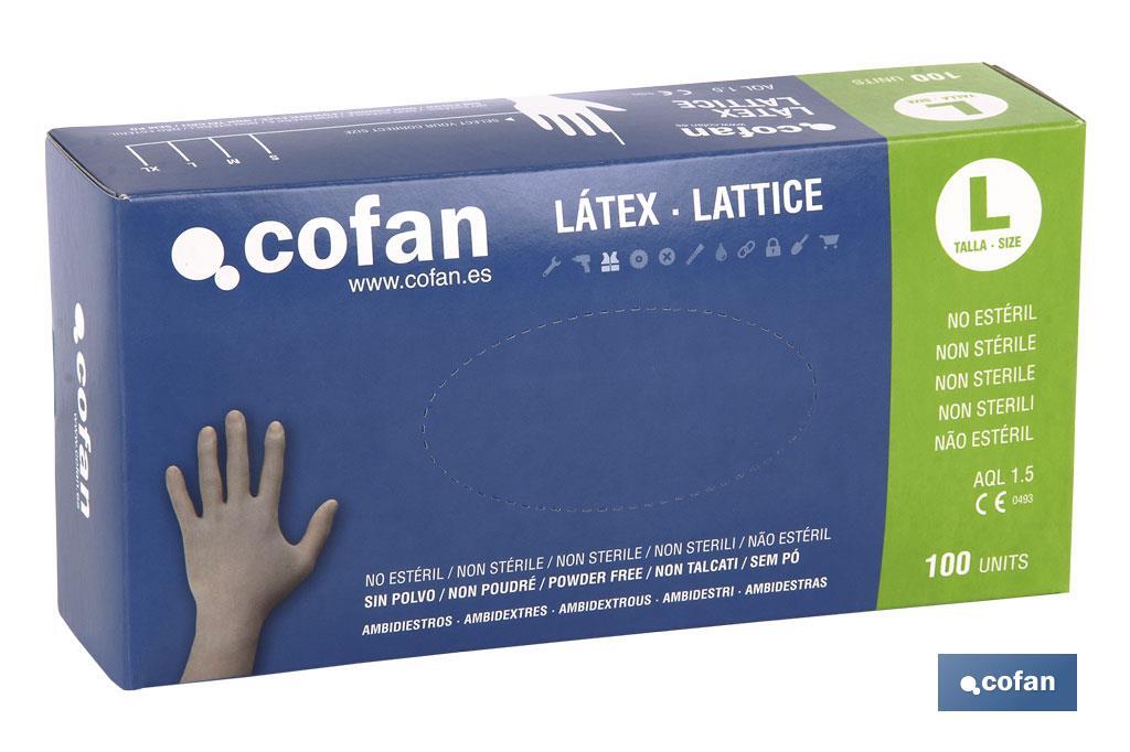 Box of 100 powder-free latex gloves | Tough gloves | 100% latex | Glove dispenser - Cofan